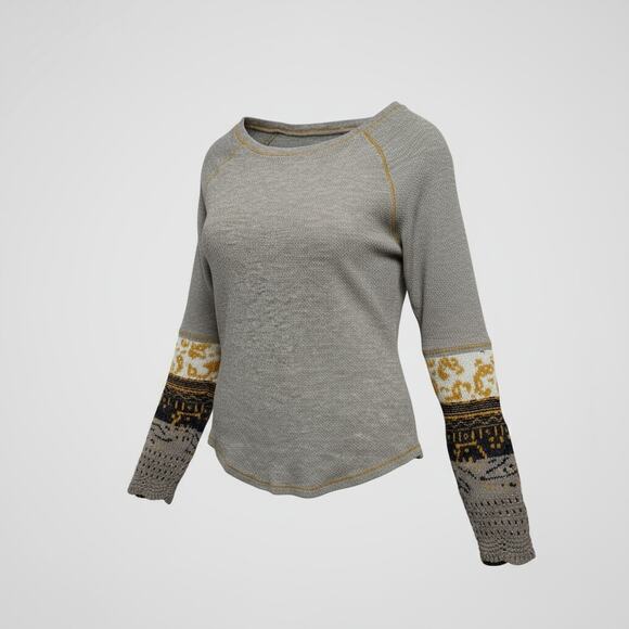 Grey Waffle Raglan Top W/ Mustard Crochet Patterned Sleeves Small/Medium - Picture 2 of 12